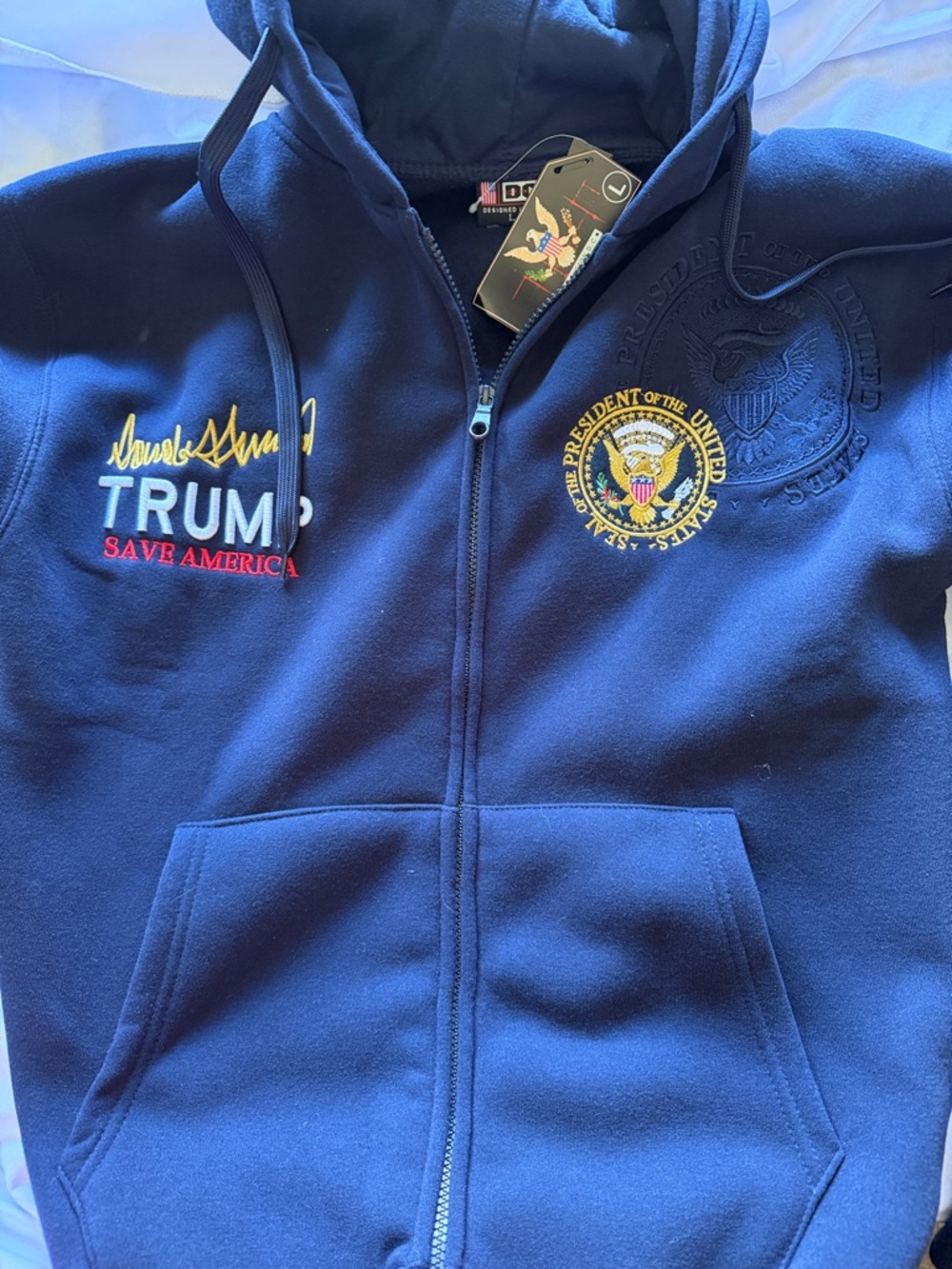Navy Zip-Up Hoodie with Presidential Seal and Embroidered Text